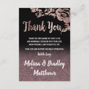 Black Rose Gold Glitter Floral Thank You Card