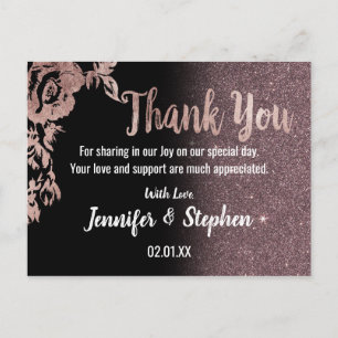 Black Rose Gold Glitter Floral Thank You Postcard