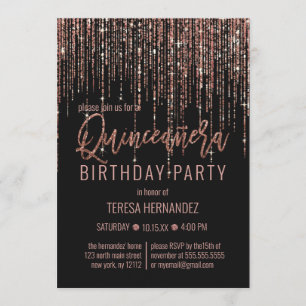 Black Rose Gold Glitter Fringe Curtain Quinceañera Invitation