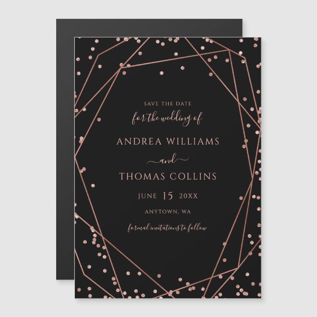 Black Rose Gold Glitter Geometric Save the Date Magnetic Invitation (Front/Back)