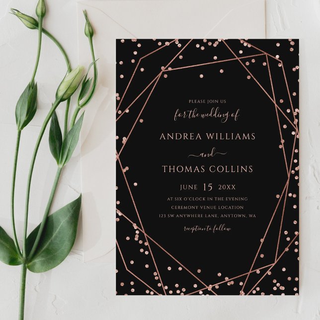 Black Rose Gold Glitter Geometric Wedding Invitation (Creator Uploaded)
