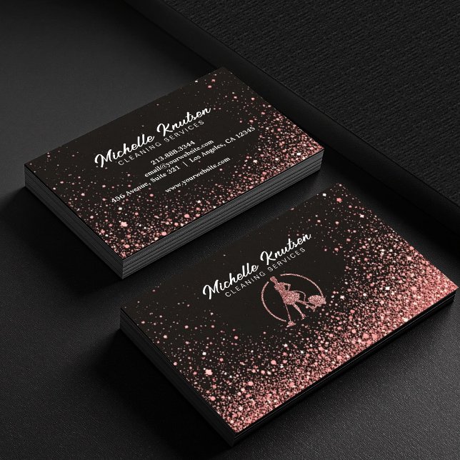Black Rose Gold Glitter House Cleaning Service  Business Card (Creator Uploaded)
