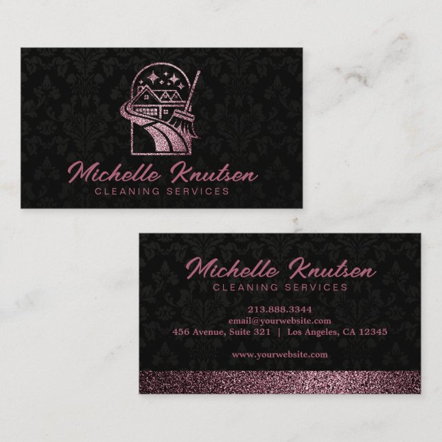Black Rose Gold Glitter House Cleaning Service     Business Card (Front/Back)