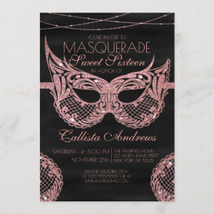 Black Rose Gold Glitter Lace Masquerade Sweet 16 Invitation