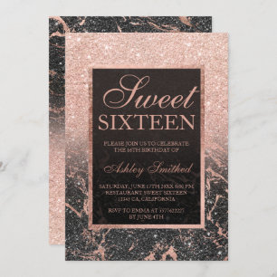 Black rose gold glitter marble chic Sweet 16 Invitation