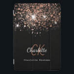 Black rose gold glitter monogram name elegant  iPad pro cover<br><div class="desc">A chic black background decorated with rose gold glitter drops.  Personalise and add your first name,  monogram initials and full name.  Rose gold and white coloured text.   The first name is written with a modern hand lettered style script.</div>