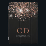 Black rose gold glitter monogram name elegant  iPad pro cover<br><div class="desc">A chic black background decorated with rose gold glitter drops.  Personalise and add your monogram initials and name.  Rose gold and white coloured text.</div>