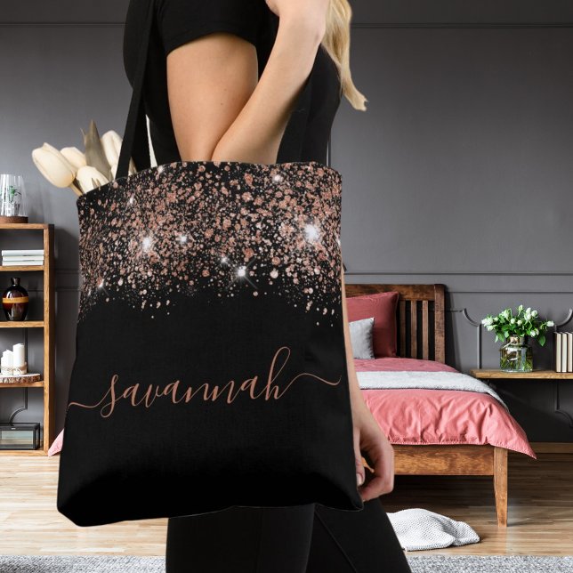 Black rose gold glitter monogram script tote bag (Creator Uploaded)