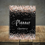 Black rose gold glitter name appointment 2025 planner<br><div class="desc">Black background. Rose gold,  blush faux glitter dust.  Personalise and add a year and name.  White letters.</div>