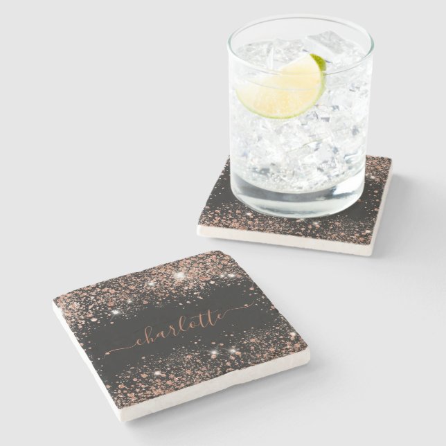 Black rose gold glitter name script stone coaster (Side)