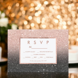 Black rose gold glitter ombre RSVP wedding Card