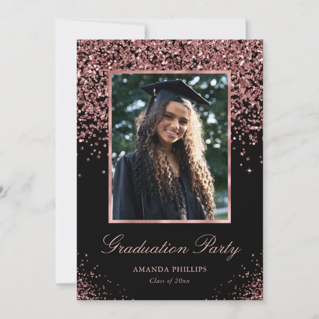 Black Rose Gold Glitter Photo Graduation Party Invitation (Front)