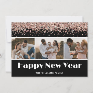 Black Rose Gold Glitter Photo Happy New Year Card