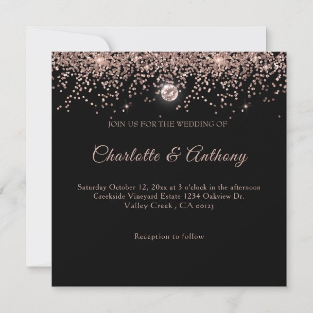 Black Rose Gold Glitter Script Invitation (Front)
