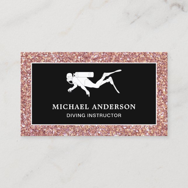 Black Rose Gold Glitter Scuba Diving Instructor Business Card (Front)
