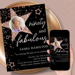 Black & Rose Gold Glitter Star 90th Birthday  Invitation