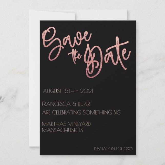 Black & Rose Gold Glitter Wedding Art Deco  Save The Date (Front)