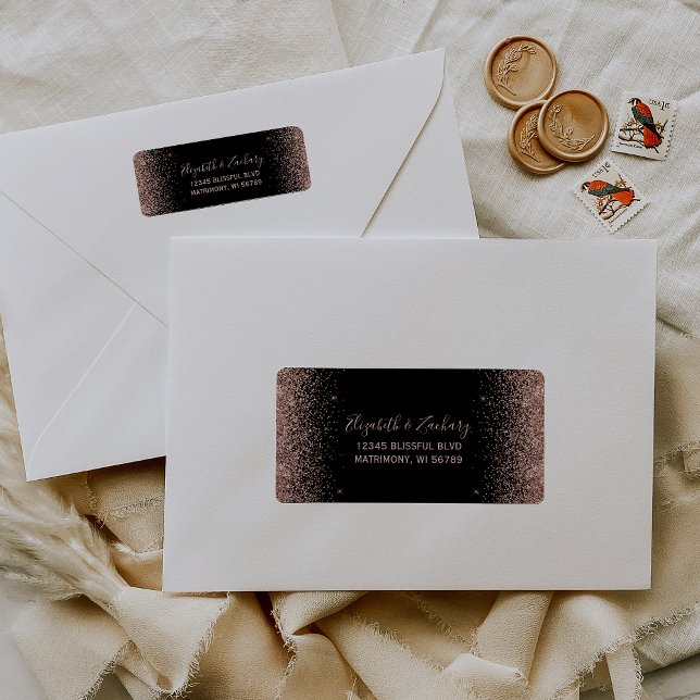 Black Rose Gold Glitter Wedding Return Address Label (Creator Uploaded)