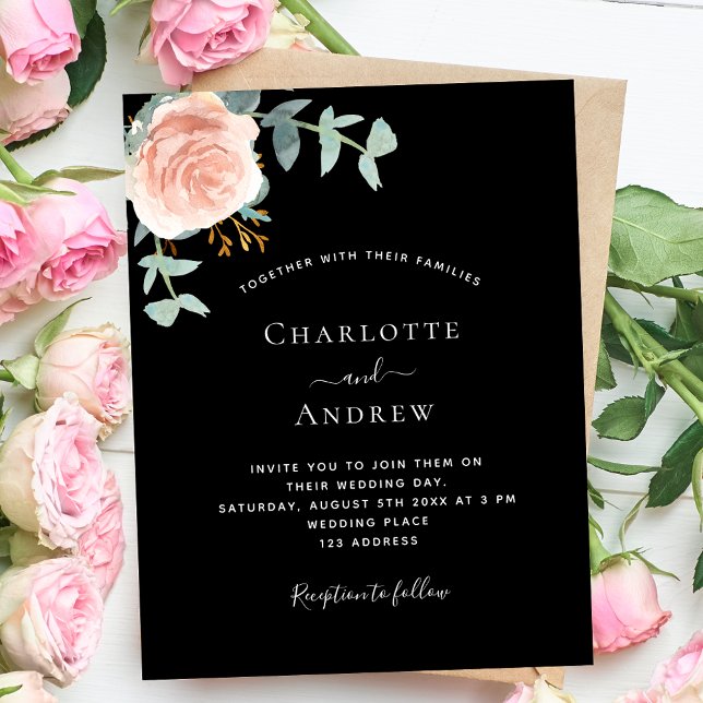 Black rose gold greenery budget wedding invitation (Creator Uploaded)