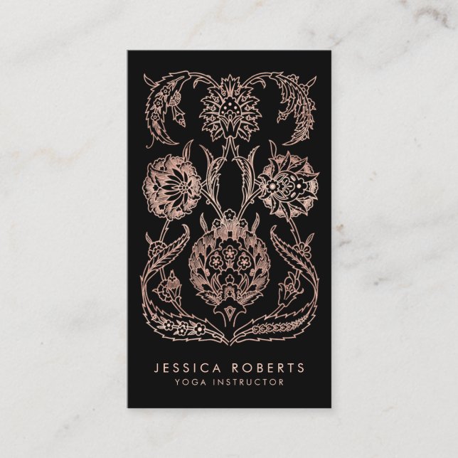 Black Rose Gold Look Art Nouveau Floral Fashion Business Card (Front)