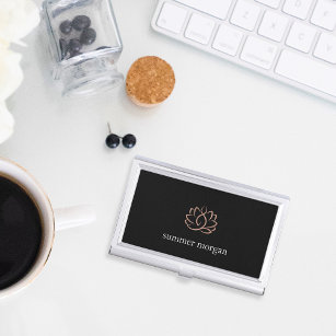 Black & Rose Gold Lotus Flower Personalised Business Card Holder