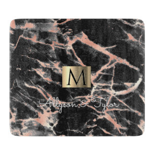 Black & Rose Gold Marble Gold Box, Name & Monogram Cutting Board