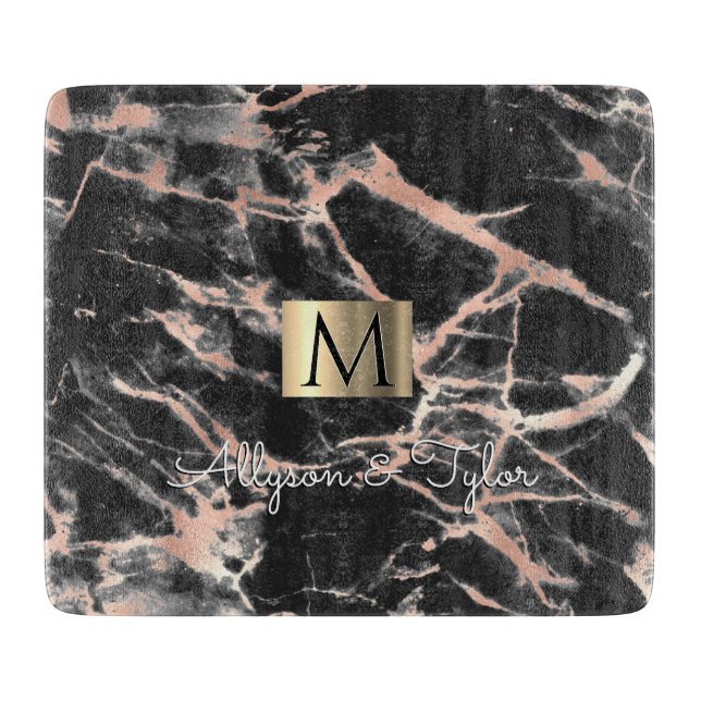 Black & Rose Gold Marble Gold Box, Name & Monogram Cutting Board (Front)