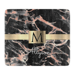 Black & Rose Gold Marble Gold Box, Name & Monogram Cutting Board