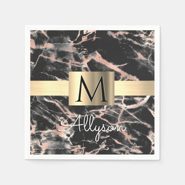 Black & Rose Gold Marble Gold Box, Name & Monogram Napkin (Front)
