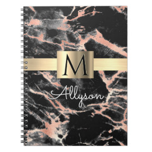 Black & Rose Gold Marble Gold Box, Name & Monogram Notebook