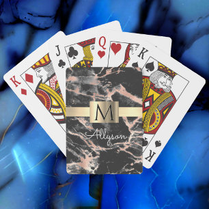 Black & Rose Gold Marble Gold Box, Name & Monogram Playing Cards