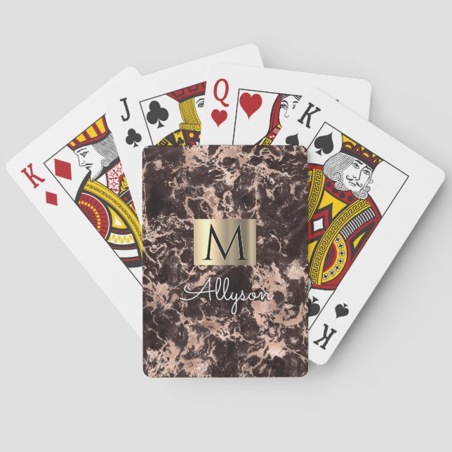 Black/Rose Gold Marble Gold Box, Name/Monogram Vs4 Playing Cards (Back)