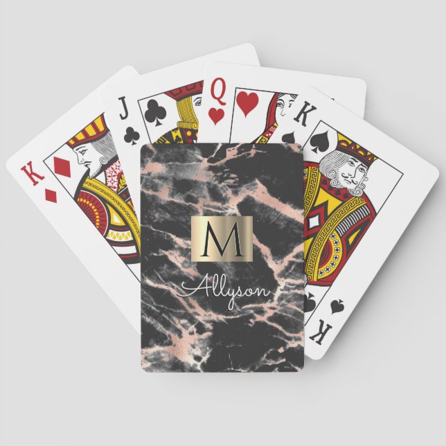 Black/Rose Gold Marble Gold Box, Name/Monogram Vs6 Playing Cards (Back)