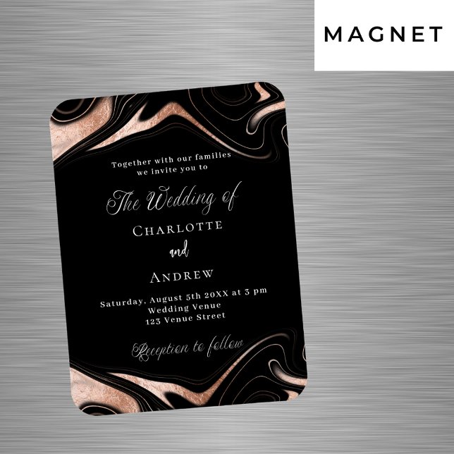 Black rose gold marble luxury wedding invitation magnet (Creator Uploaded)