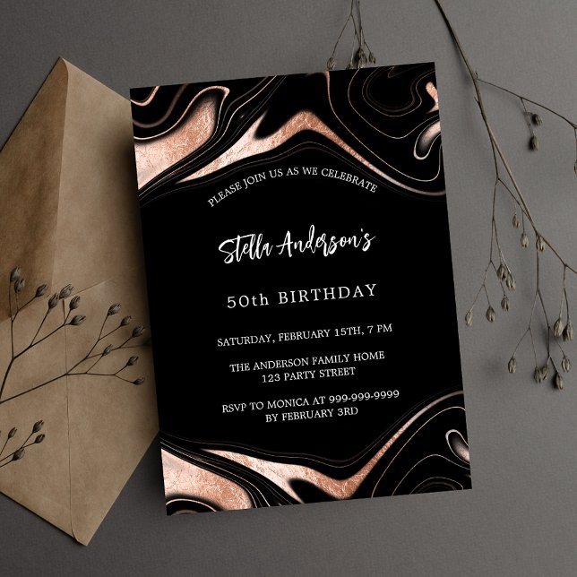 Black rose gold marble modern birthday invitation (Creator Uploaded)