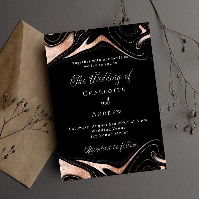 Black rose gold marble modern wedding invitation postcard (Creator Uploaded)