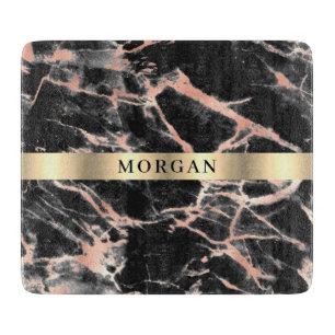 Black & Rose Gold Marble, Name on Gold Band Cutting Board