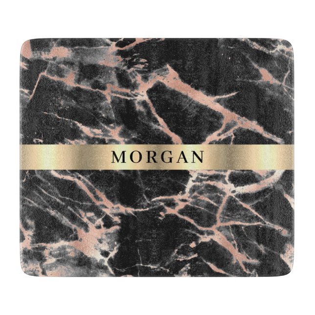 Black & Rose Gold Marble, Name on Gold Band Cutting Board (Front)