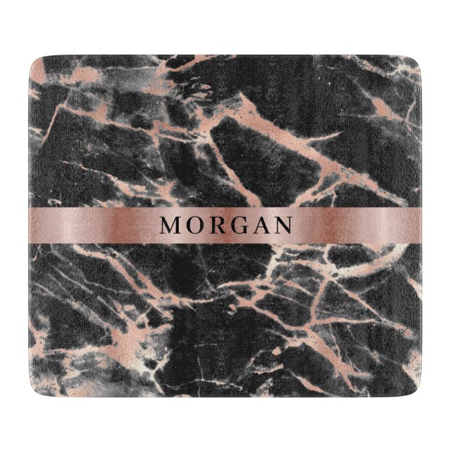 Black & Rose Gold Marble, Name on Rose Gold Cutting Board (Front)