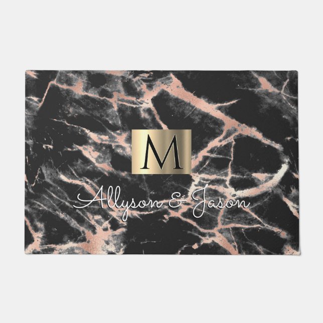 Black & Rose Gold Marble, Names & Monogram, Vs 2 Doormat (Front)