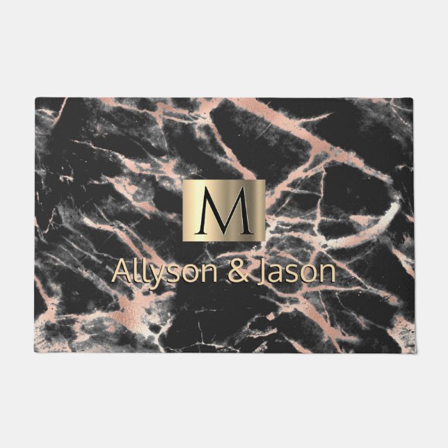 Black & Rose Gold Marble, Names & Monogram, Vs 3 Doormat (Front)