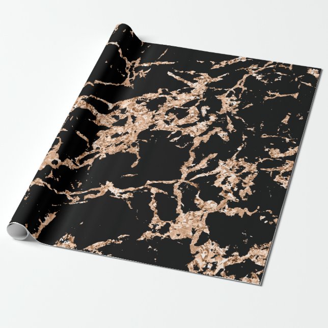Black Rose Gold Marble Strokes Stone Elegant Wrapping Paper (Unrolled)