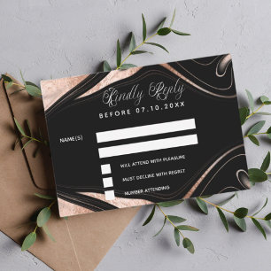 Black rose gold marble wedding response RSVP Card