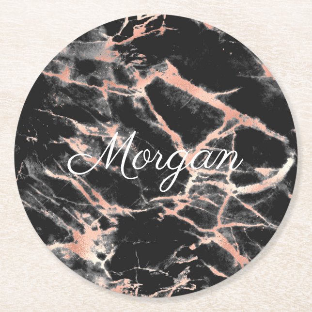 Black & Rose Gold Marble, White Script Name Round Paper Coaster (Front)
