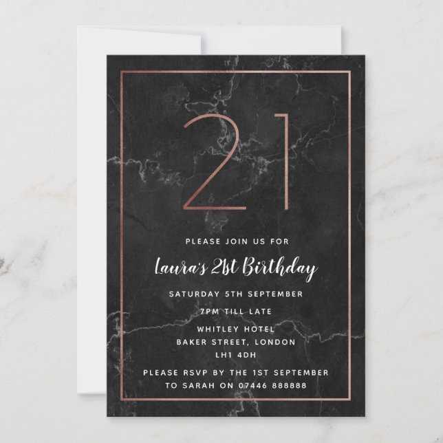 Black & Rose Gold Marbled 21stth Birthday Invites (Front)