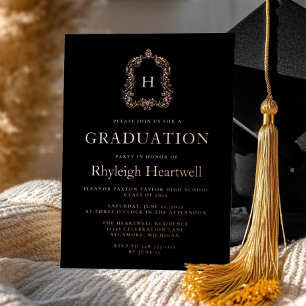 Black Rose Gold Monogram Crest Graduation Party