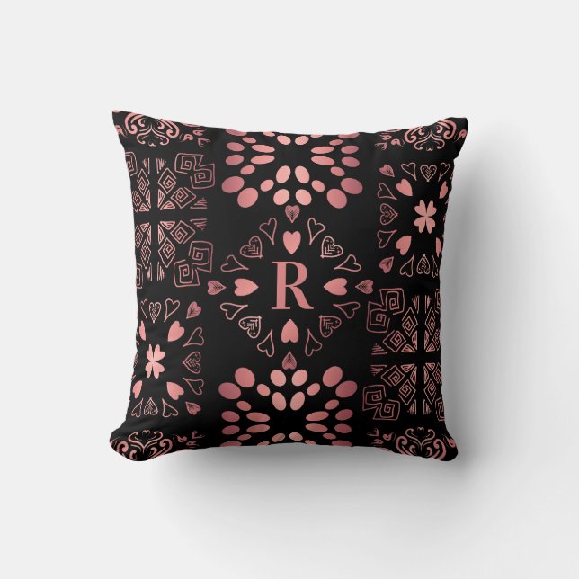 Black Rose Gold Monogram Heart Patchwork Pattern Cushion (Front)