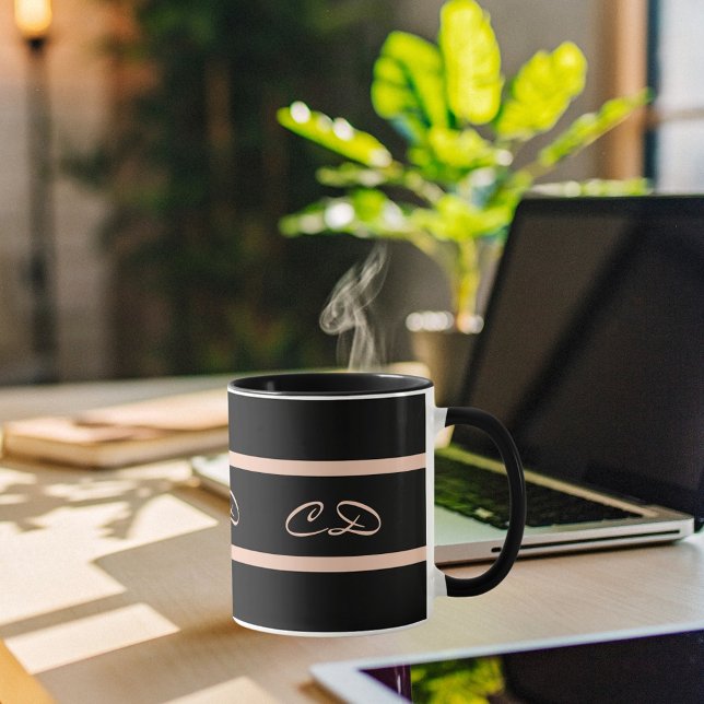 Black rose gold monogram initials elegant script mug (Creator Uploaded)