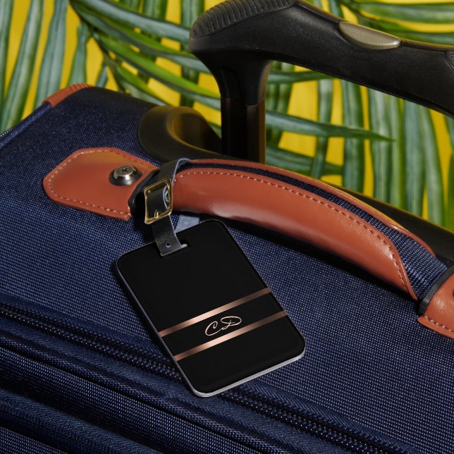 Black rose gold monogram initials luggage tag (Front Insitu 1)
