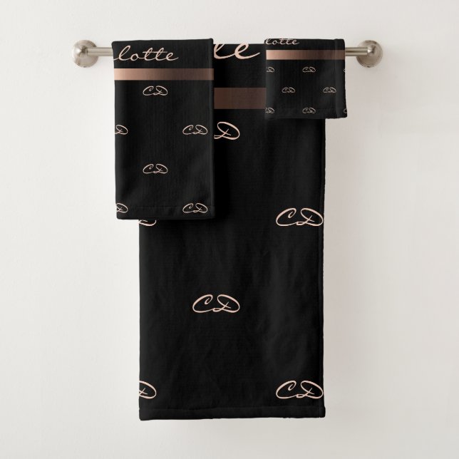 Black rose gold monogram initials pattern name bath towel set (Insitu)